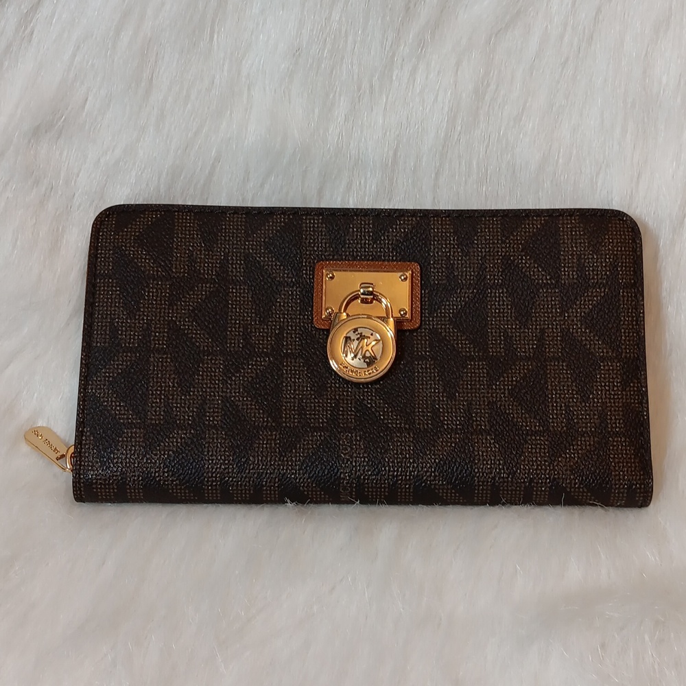 Michael Kors Brown Signature Coated Canvas Zip Around Wallet